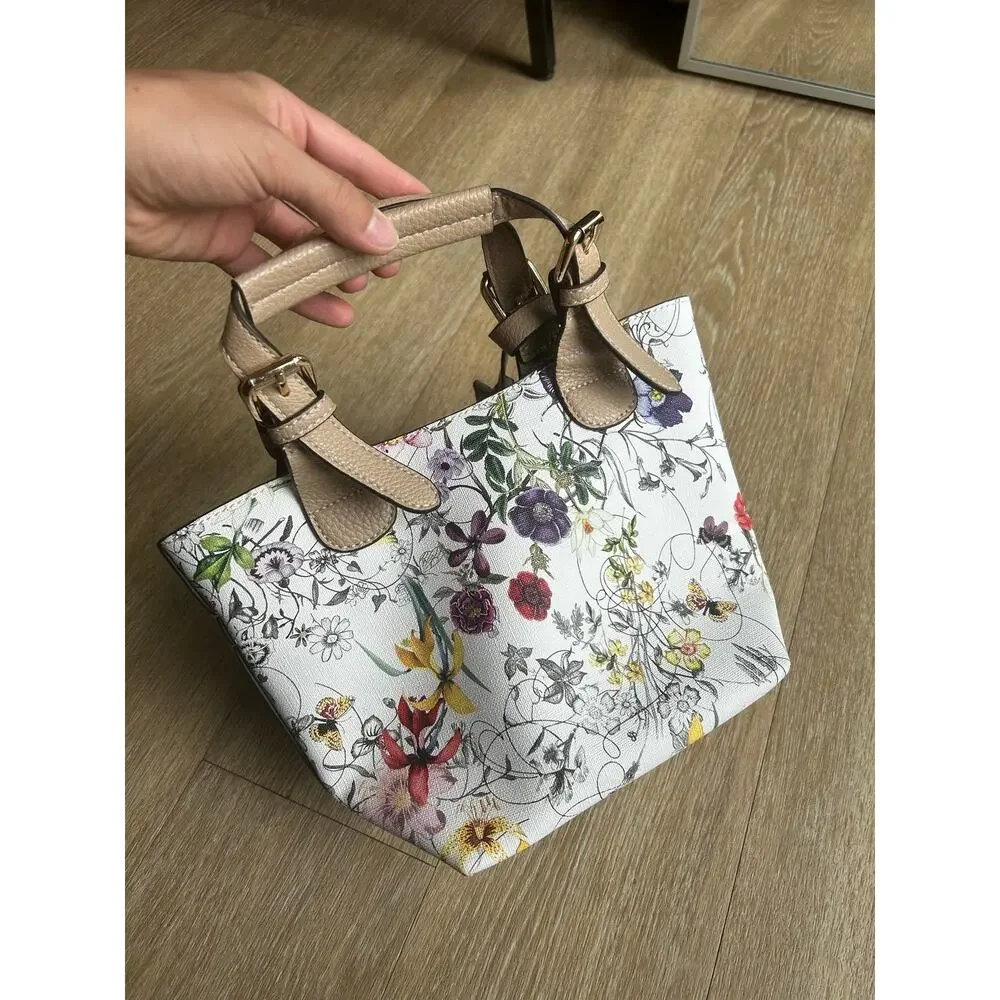 Floral Mini Tote Bag Satchel Purse Botanical Flower Pattern Top Handle Cream Tan